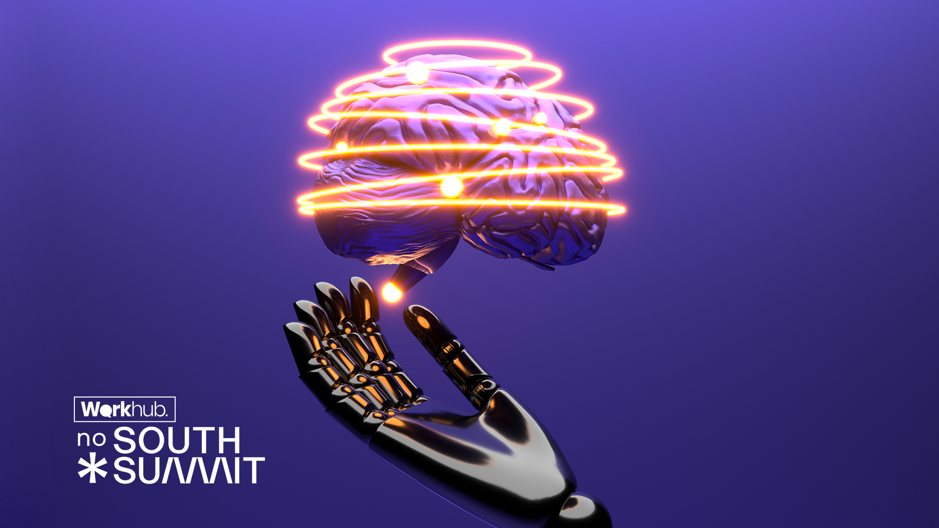 Ilustração futurista em fundo roxo mostrando uma mão robótica aberta, voltada para cima, sustentando um cérebro humano. Ao redor do cérebro, há anéis luminosos em tons de laranja e amarelo, sugerindo tecnologia, energia e conexão. No canto inferior esquerdo, aparece o texto “Workhub no South Summit”, indicando contexto de evento e inovação ligada à inteligência artificial e ao futuro do trabalho.